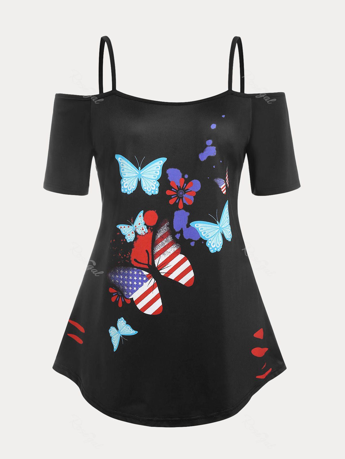 Outfits Plus Size Patriotic Cold Shoulder American Flag Butterfly Print Tee  