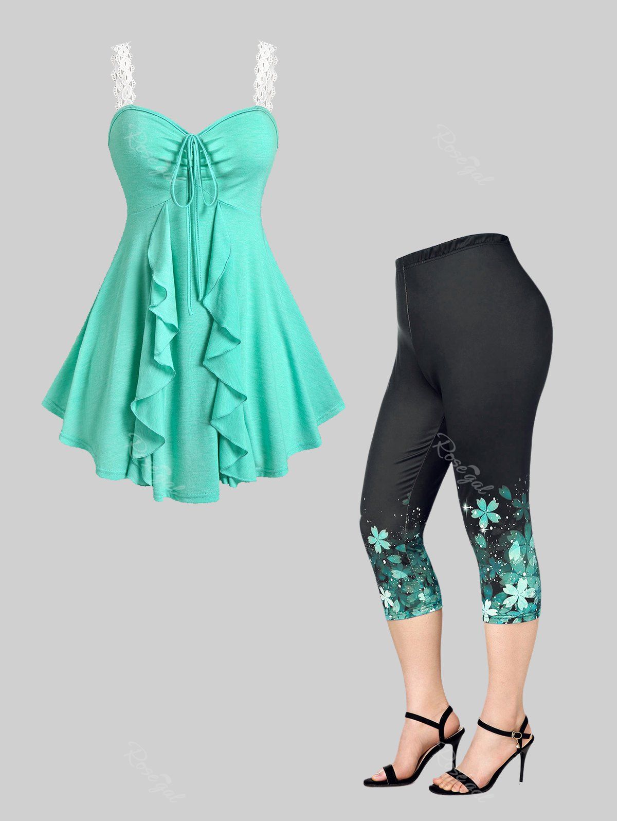 Shop Lace Straps Cinched Ruffle Tank Top and Floral Print Capri Leggings Plus Size Summer Outfit  