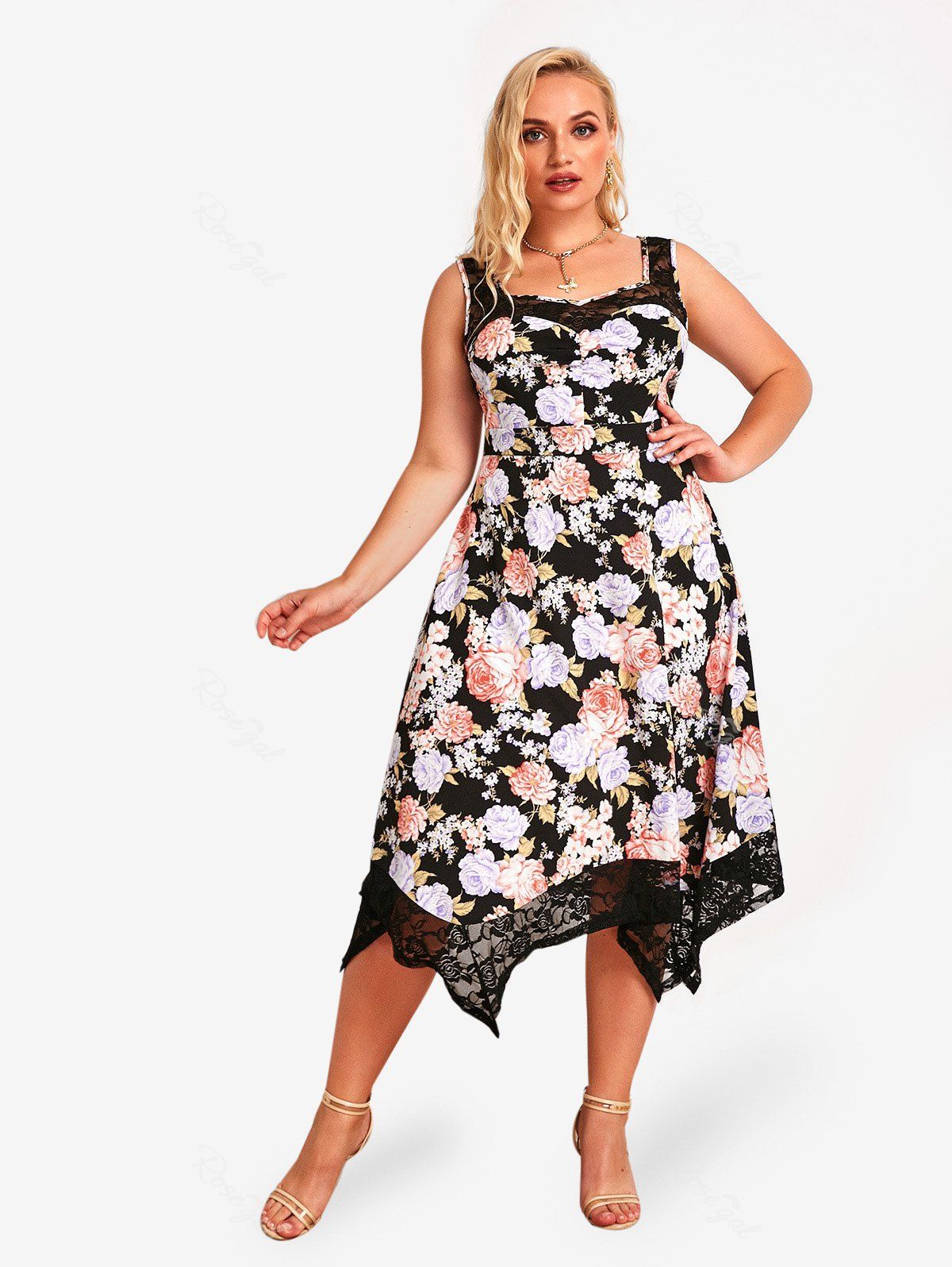 Trendy Plus Size & Curve Flower Lace Panel Midi Sleeveless Cottagecore Dress  