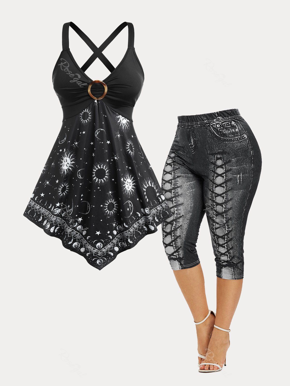 Affordable O Ring Sun and Moon Print Irregular Tank Top and Cropped Leggings Plus Size Summer Outfit  