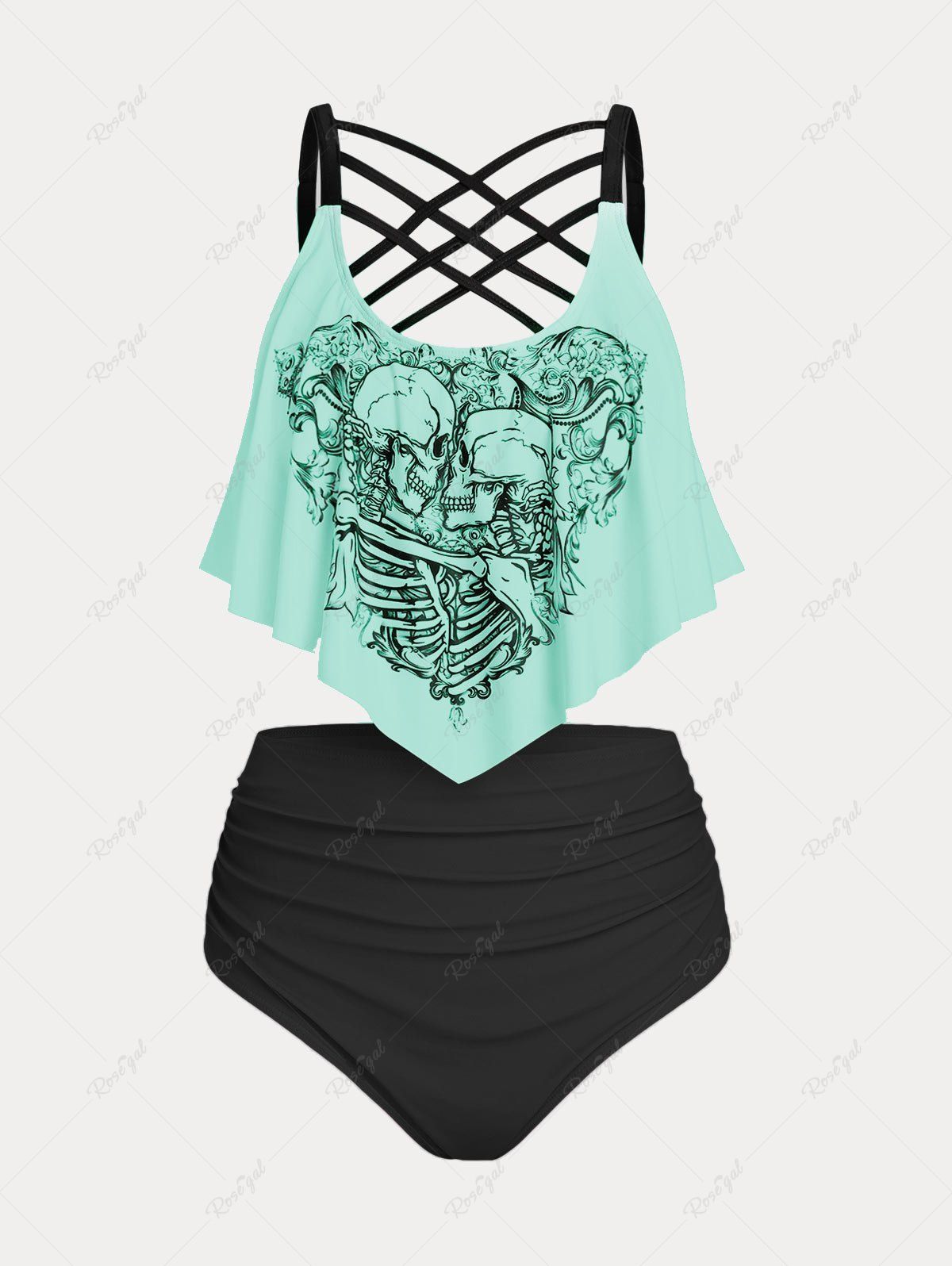 Affordable Plus Size & Curve Skeleton Print Crisscross Ruffled Gothic Tankini Swimsuit  