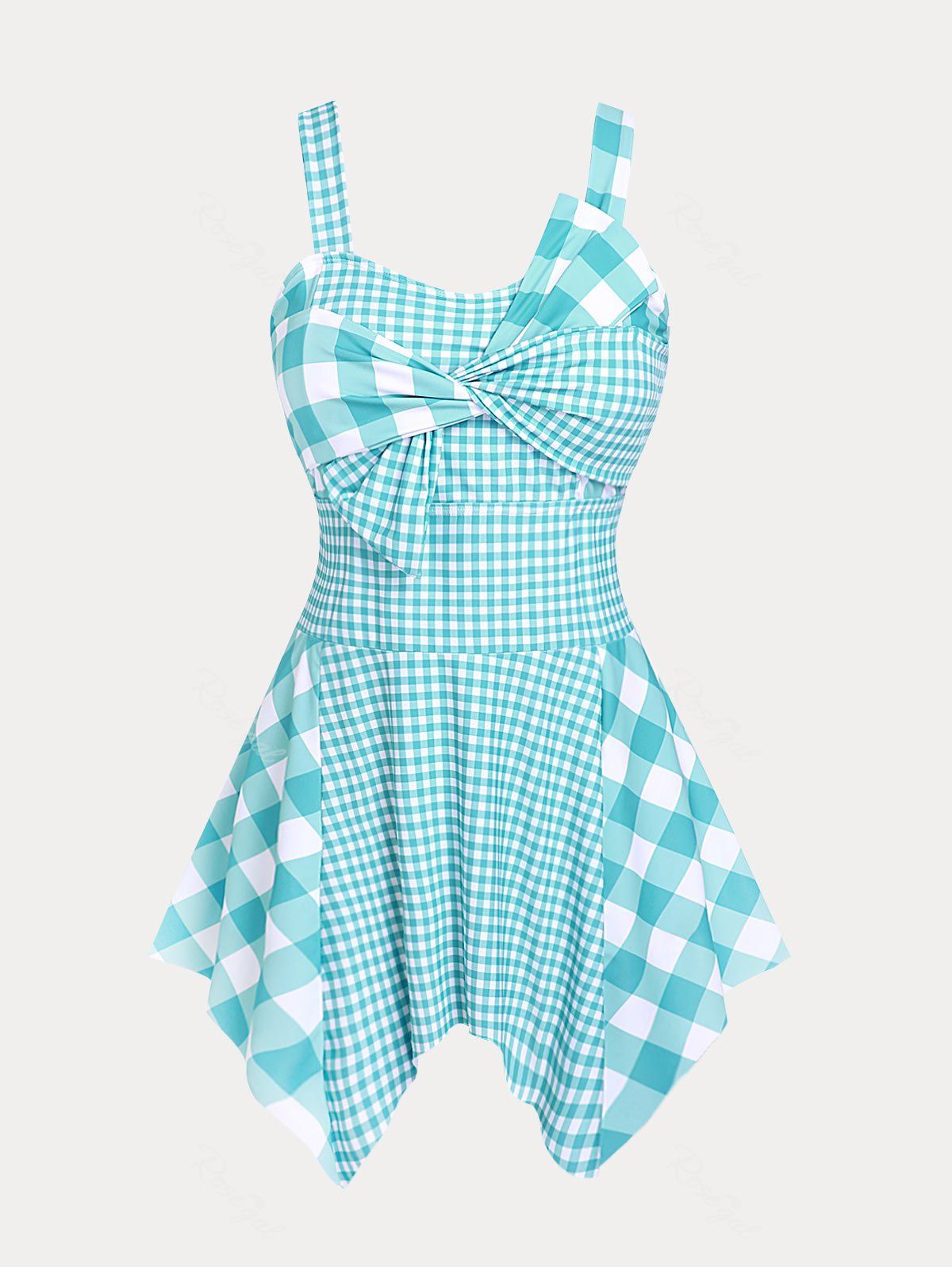 Hot Plus Size & Curve Plaid Bowknot Handkerchief Swim Dress Swimsuit  