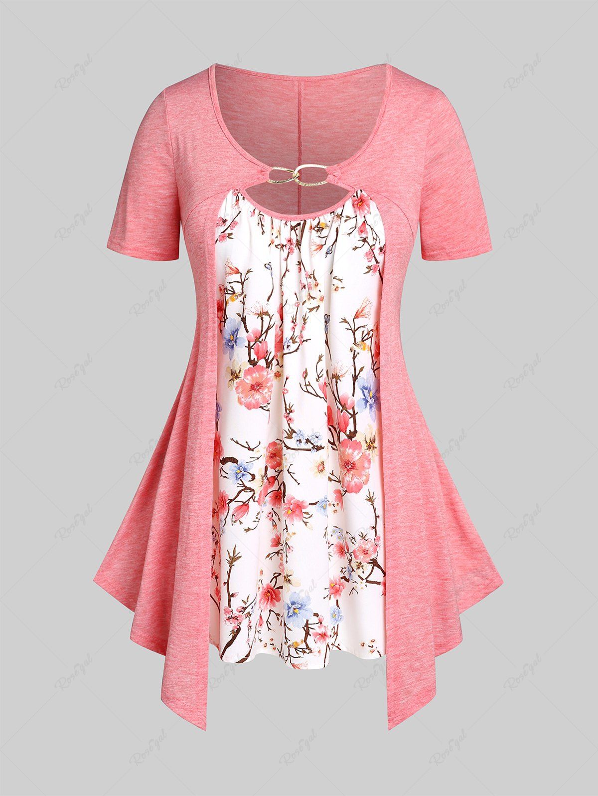 T-shirt Découpé Fleuri de Cottagecore Grande Taille 2 en 1 Rose clair M | US 10