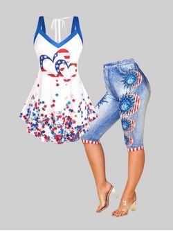Patriotic American Flag Print Tank Top and Leggings Plus Size Summer Outfit - WHITE