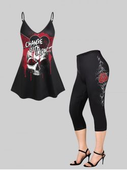 Gothic Skulls Graphic Tank Top and Capri Leggings Plus Size Summer Outfit - BLACK