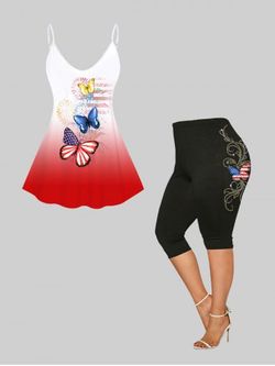 Patriotic American Flag Print Graphic Top and Capri Leggings Plus Size Summer Outfit - WHITE