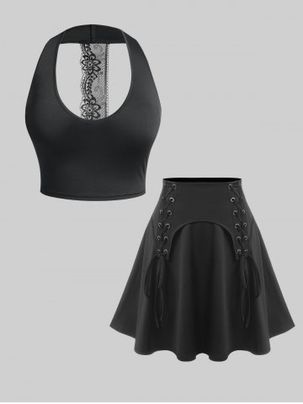 Lace Panel Crop Top and Lace Up Skirt Plus Size Summer Outfit