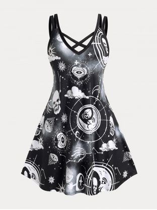 Plus Size & Curve Gothic Crisscross Skull Sun Moon Print Dress