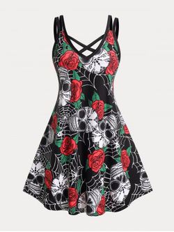 Plus Size & Curve Gothic Crisscross Skull Rose Print Dress - BLACK - L | US 12