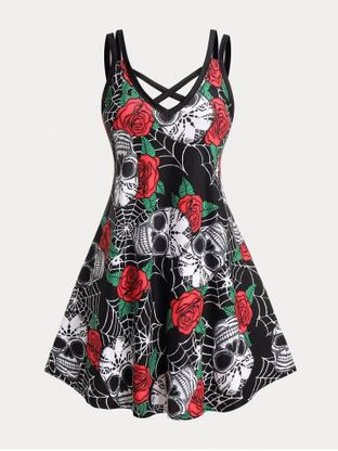 Plus Size & Curve Gothic Crisscross Skull Rose Print Dress