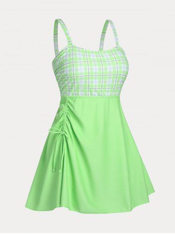 Plus Size & Curve Cinched Plaid Lace Up Swim Dress Set - LIGHT GREEN - L