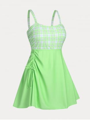 Plus Size & Curve Cinched Plaid Lace Up Swim Dress Set