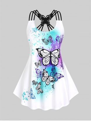 Plus Size & Curve Strappy Butterfly Print Flowy Tank Top