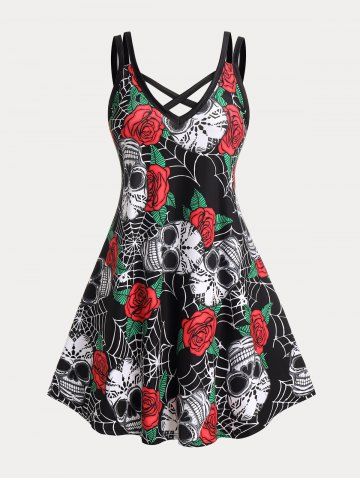 Plus Size & Curve Gothic Crisscross Skull Rose Print Sundress - BLACK - 5X | US 30-32
