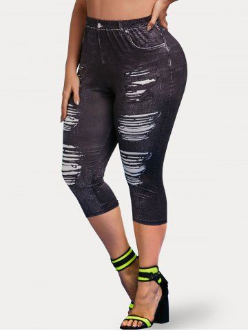 Plus Size & Curve 3D Ripped Denim Print Cropped Jeggings