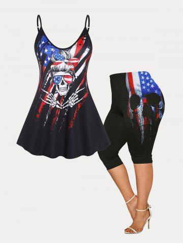 American Flag Skull Cami Top and Capri Leggings Plus Size Summer Outfit - BLACK