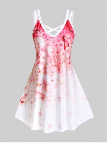 Vestido Talla Extra Plisado Borde Sakura Estampado - WHITE - 3X | US 22-24