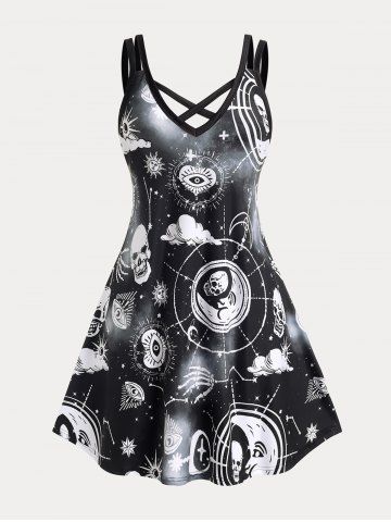 Plus Size & Curve Gothic Crisscross Skull Sun Moon Print Sundress - BLACK - L | US 12