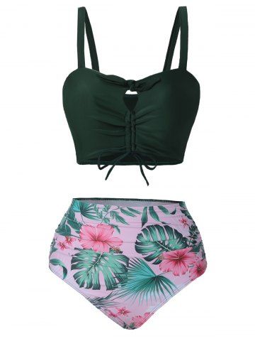 Tropical Print Bikini Swimsuit - DEEP GREEN - XL