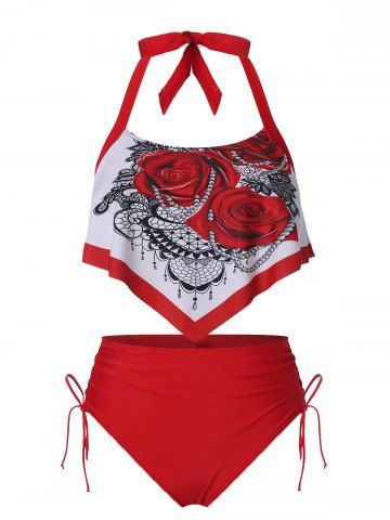 Ruffle Rose Print Tankini Swimsuit - DEEP RED - M