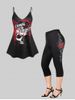 Gothic Skulls Graphic Tank Top and Capri Leggings Plus Size Summer Outfit -  