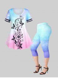 Ombre Flower Butterfly Print Tee and Galaxy Capri Leggings Plus Size Bundle -  