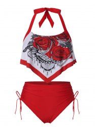 Maillot de Bain Tankini à Imprimé Rose à Volants - Rouge foncé M