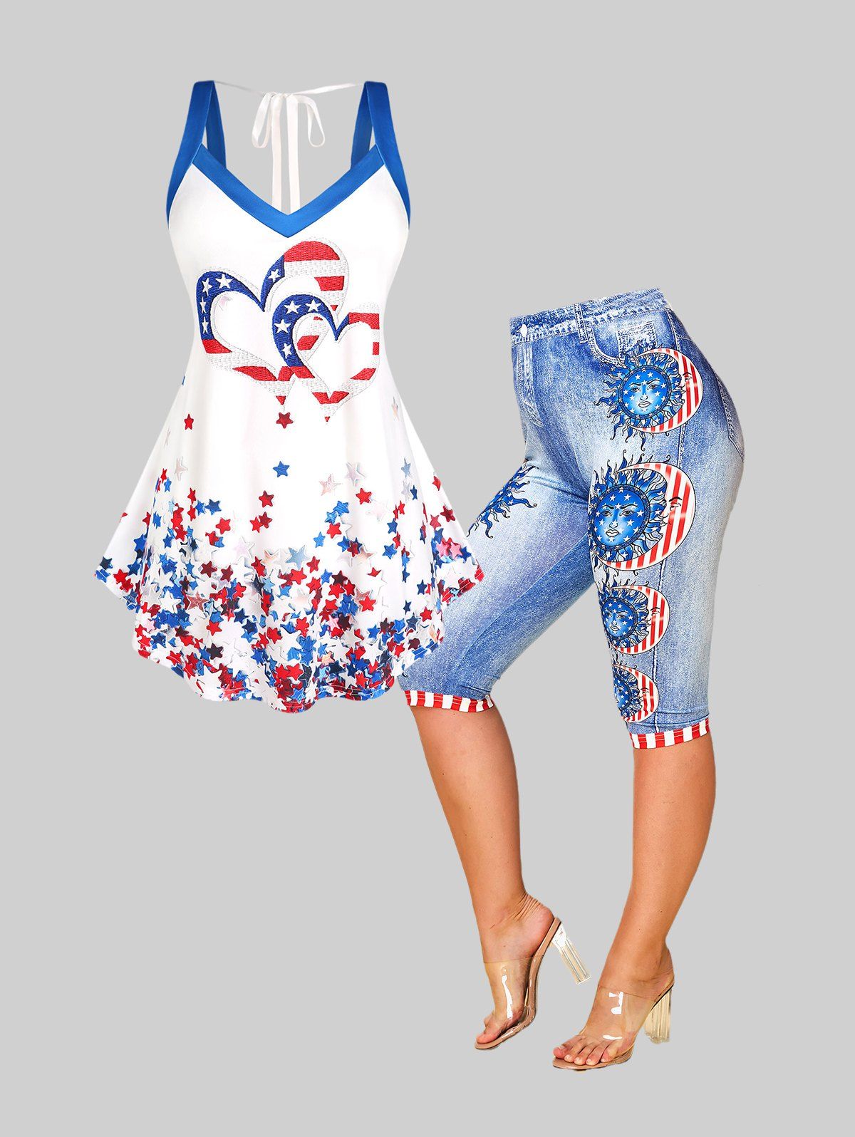 Hot Patriotic American Flag Print Tank Top and Leggings Plus Size Summer Outfit  