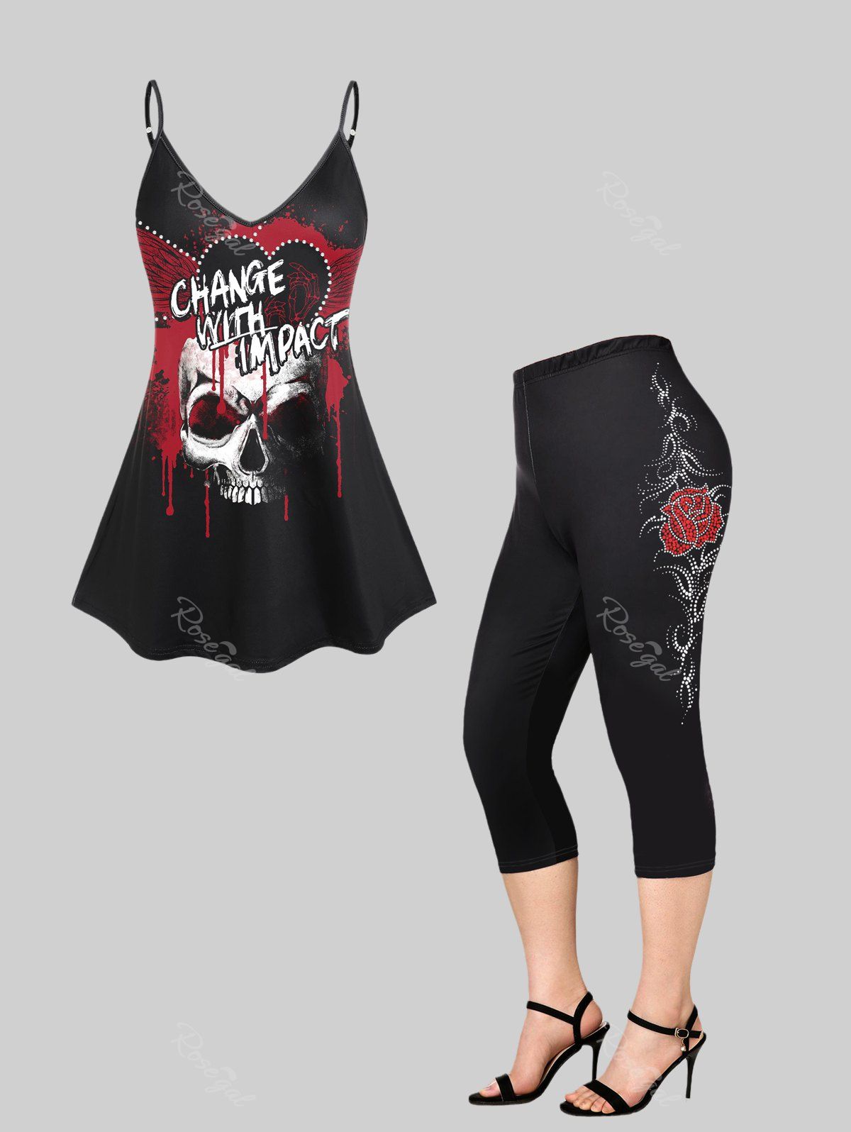 Chic Gothic Skulls Graphic Tank Top and Capri Leggings Plus Size Summer Outfit  
