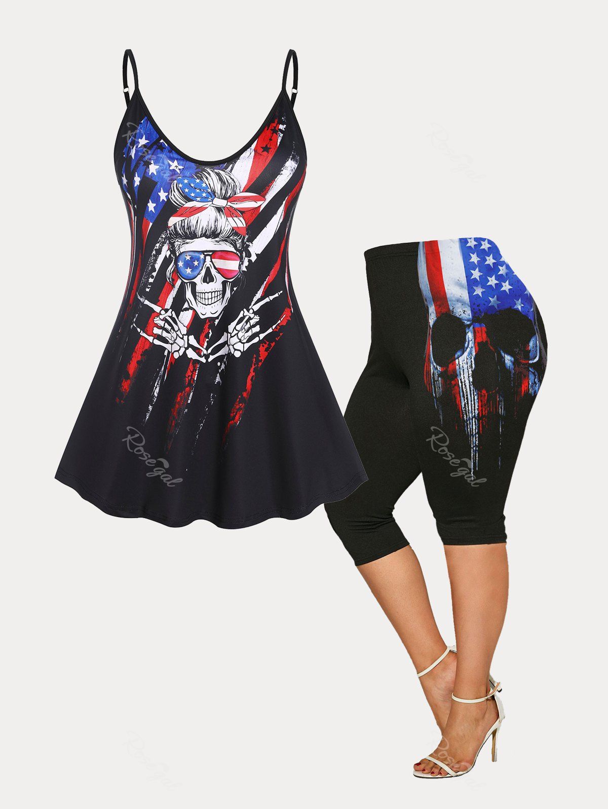 Store American Flag Skull Cami Top and Capri Leggings Plus Size Summer Outfit  