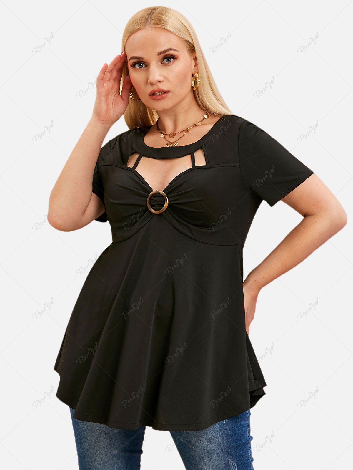 Online Plus Size & Curve Cutout O-ring Skirted Tunic T-shirt  