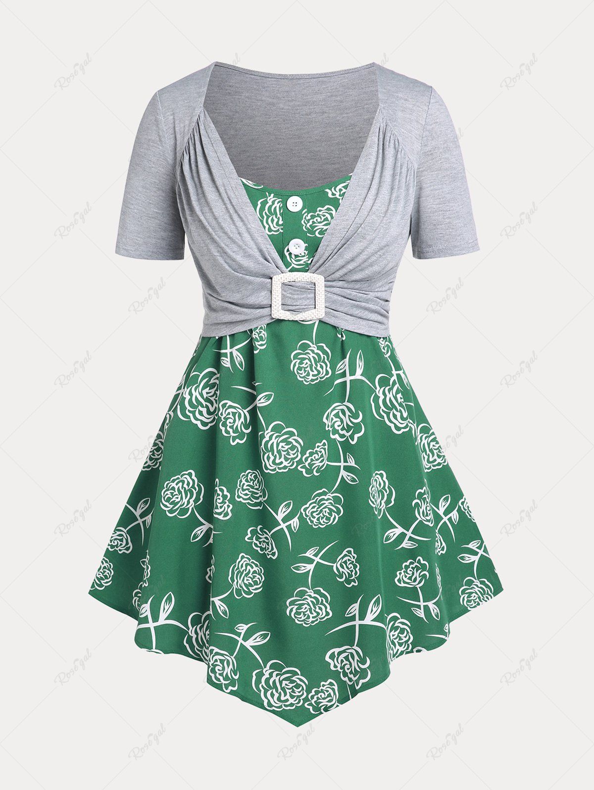 Ensemble de T-shirt Court Plissée Courbe et de Débardeur Asymétrique Fleuri de Grande Taille Gris Clair 4X | US 26-28
