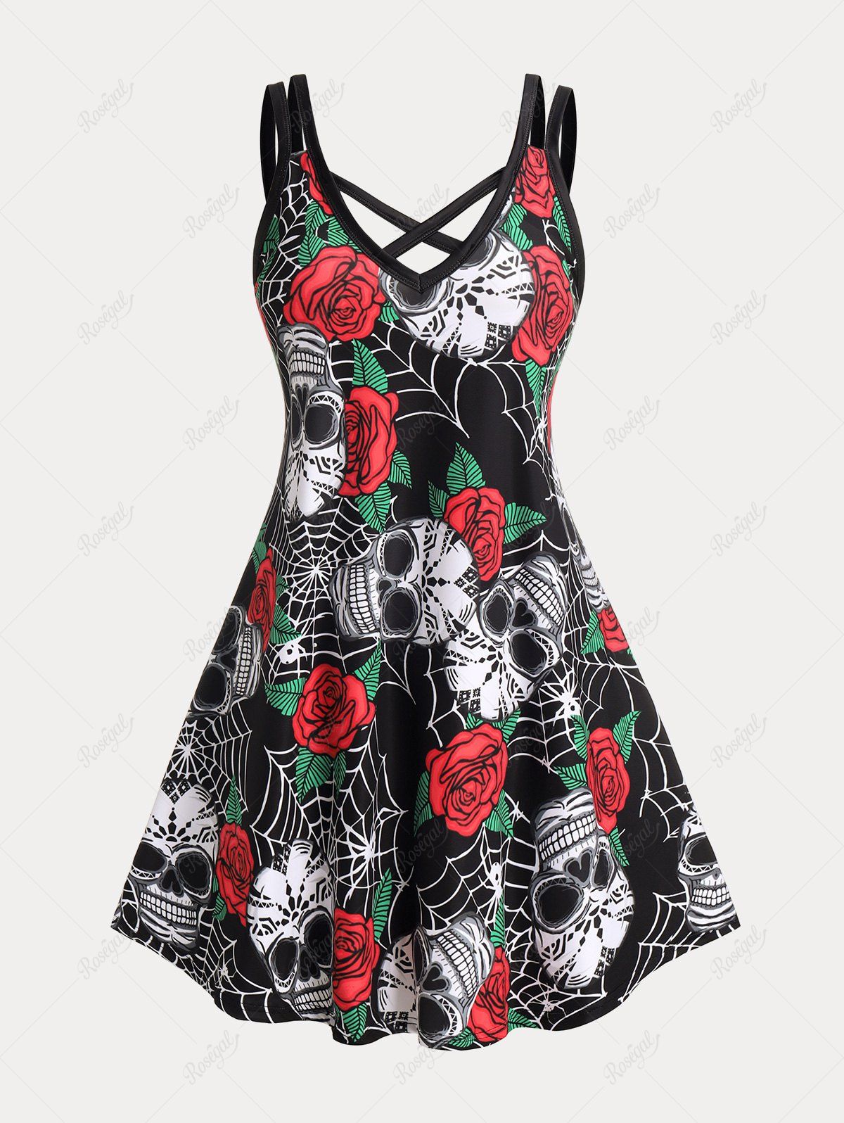 New Plus Size & Curve Gothic Crisscross Skull Rose Print Dress  