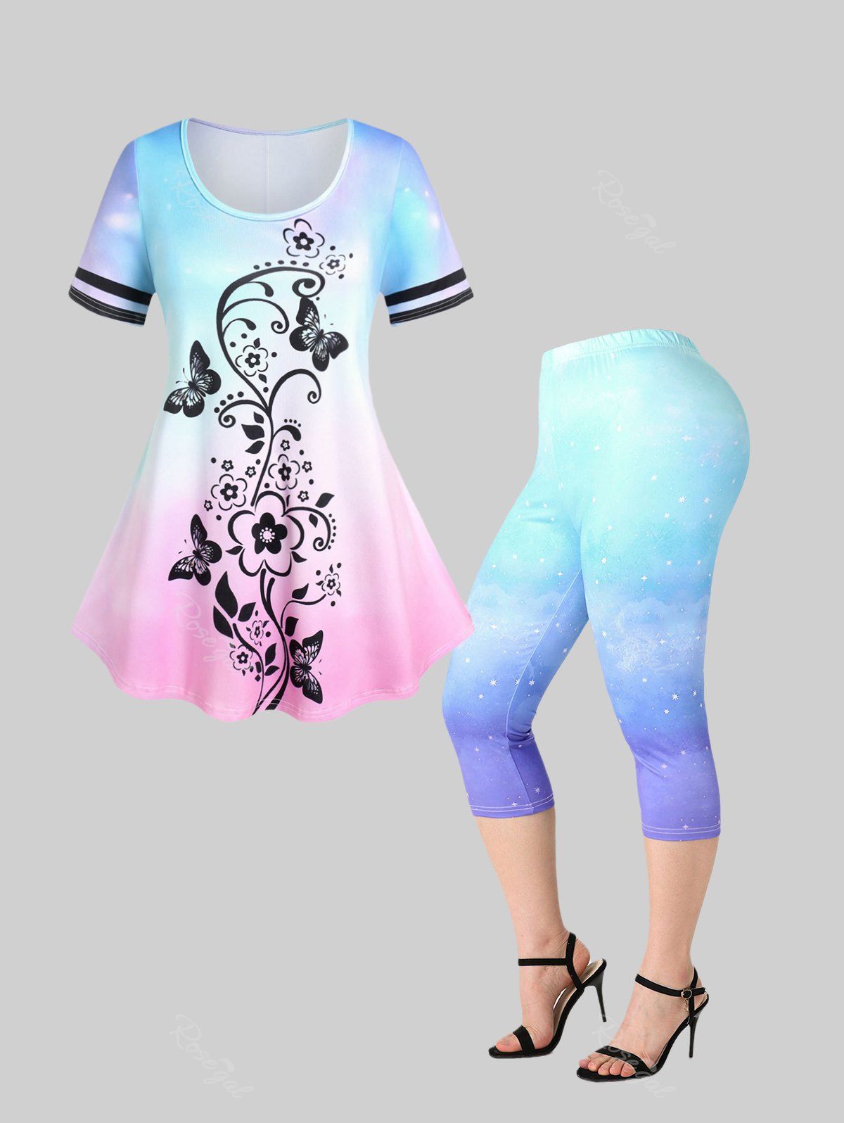 Hot Ombre Flower Butterfly Print Tee and Galaxy Capri Leggings Plus Size Bundle  