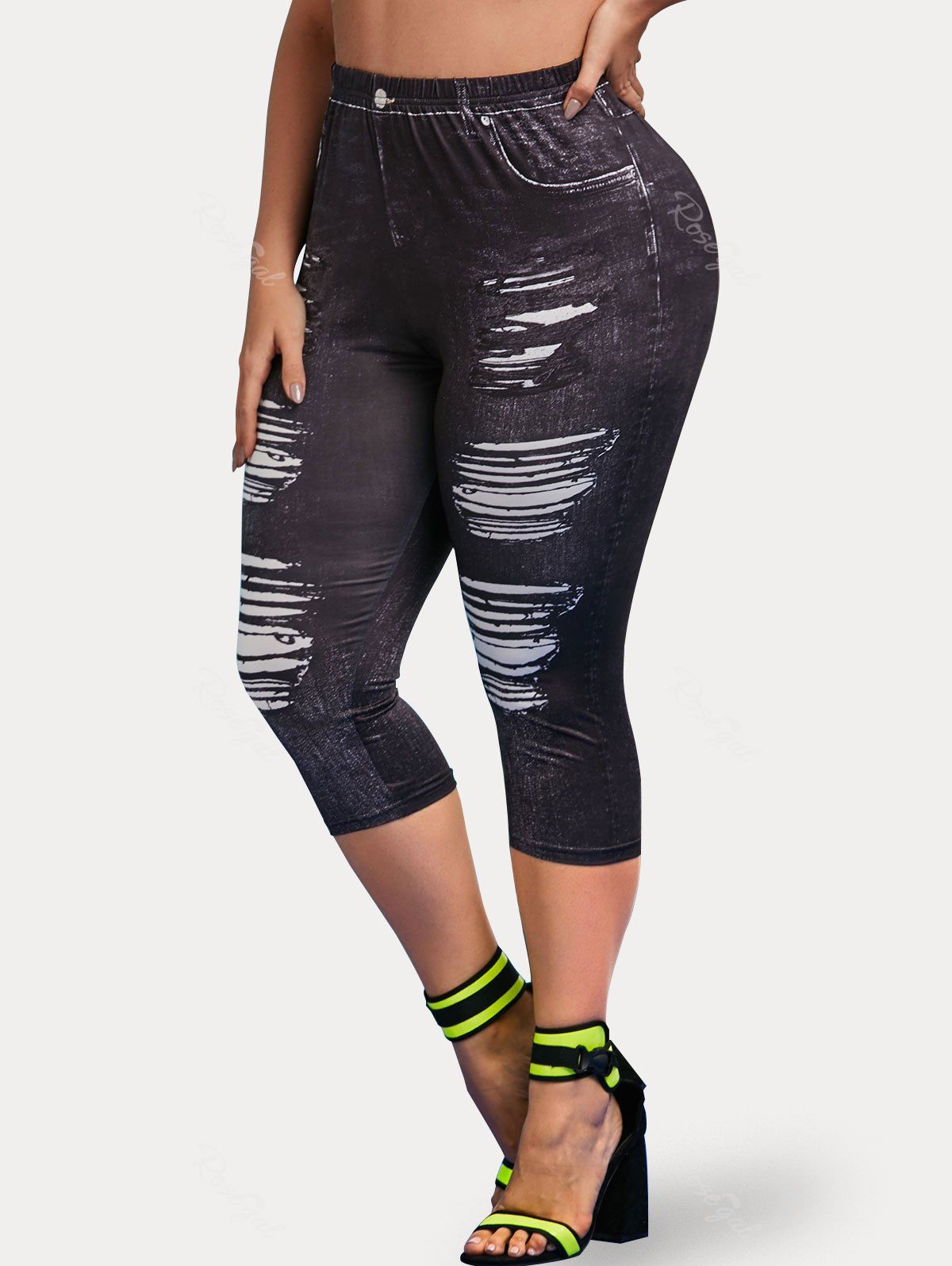 Affordable Plus Size & Curve 3D Ripped Denim Print Cropped Jeggings  