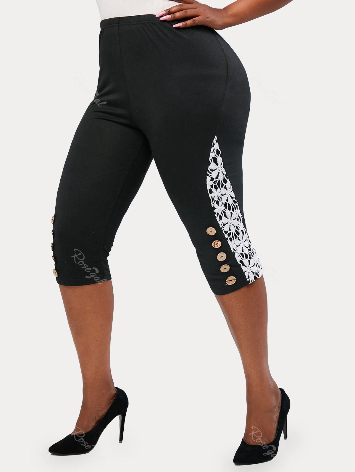 Affordable Plus Size Lace Insert Cropped Leggings  