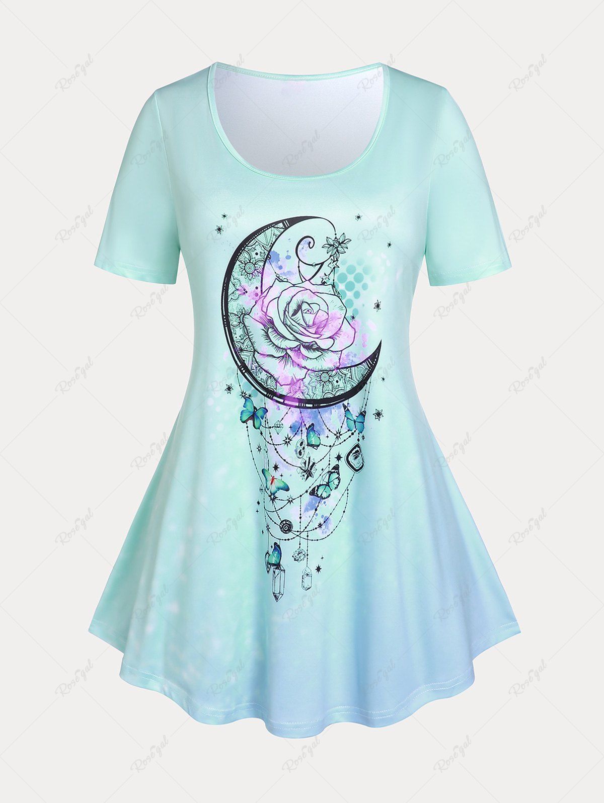 T-shirt à Imprimé Papillon et Lune Grande Taille Bleu clair 