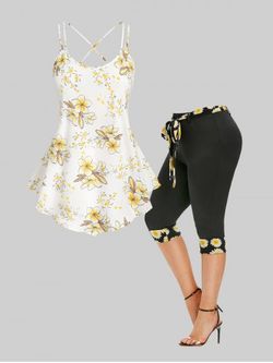 Crisscross Floral Print Swing Tank Top and Leggings Plus Size Summer Outfit - WHITE