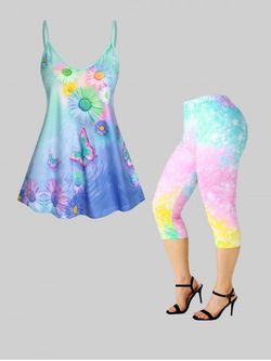 Butterfly Sunflower Tank Top and Ombre Capri Leggings Plus Size Summer Outfit - MULTI