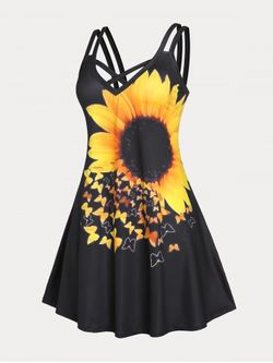 Plus Size Sunflower Print Crisscross Sundress - BLACK - L | US 12