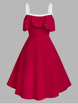 Robe Bicolore Superposée d'Années 1950 à Taille Haute de Grande Taille à Volants - RED - 1X