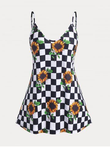Plus Size & Curve Sunflower Checkerboard Tank Top