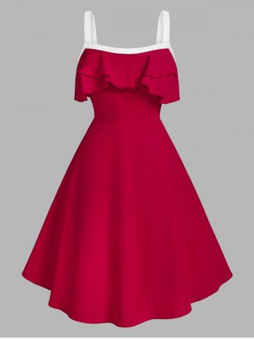 Robe Bicolore Superposée d'Années 1950 à Taille Haute de Grande Taille à Volants - RED - 1X