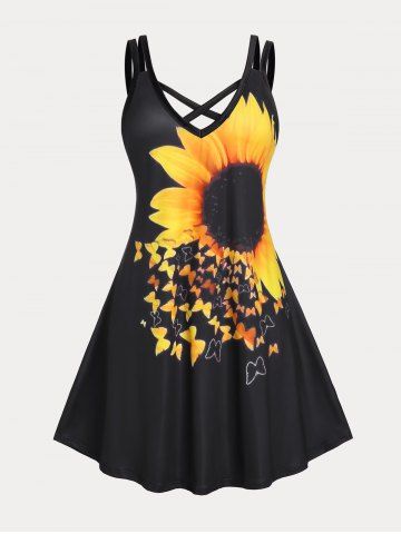 Plus Size Sunflower Print Crisscross Sundress