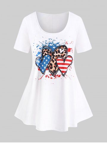 T-shirt à Imprimé Drapeau Américain et Coeur en Courbe - WHITE - 4X | US 26-28