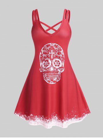 Plus Size & Curve Gothic Skull Print Sleeveless Dress - RED - M | US 10