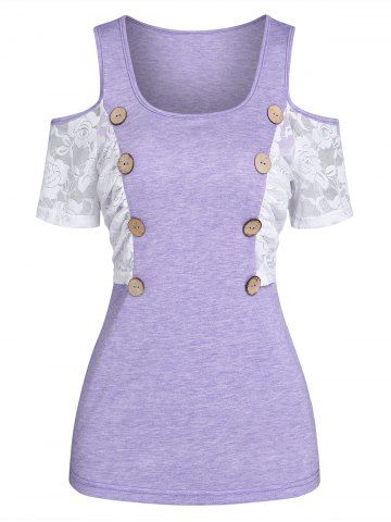 Mock Button Rose Flower Lace Panel Tee - LIGHT PURPLE - XXXL