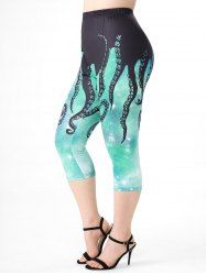 Plus Size & Curve High Waist Octopus Galaxy Print Capri Leggings -  