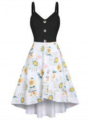 Sunflower Floral Mock Button High Low Long Dress -  