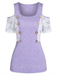 Mock Button Rose Flower Lace Panel Tee -  